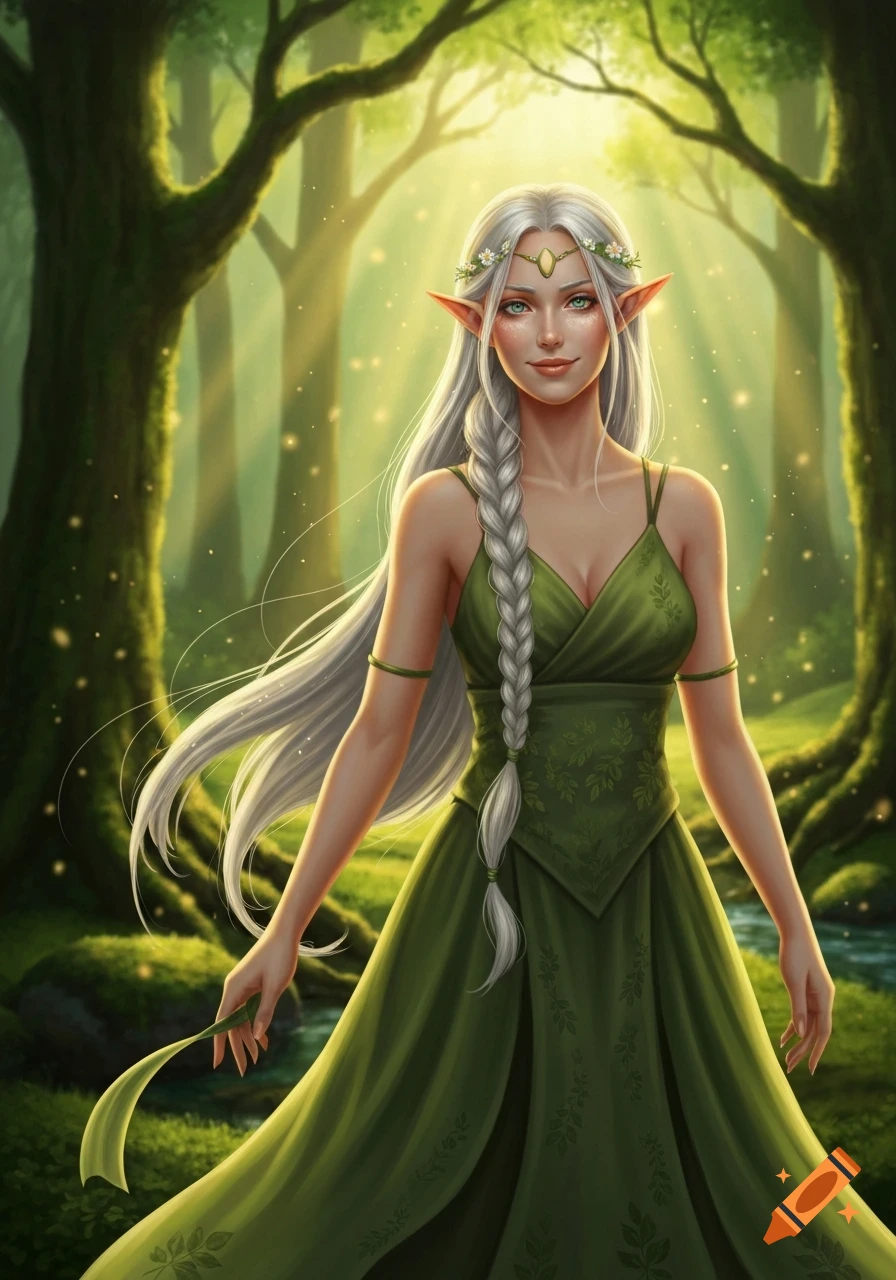A digitally painted elf girl with long silver hair and pointed ears in a flowing green dress stands in a sunlit forest.
