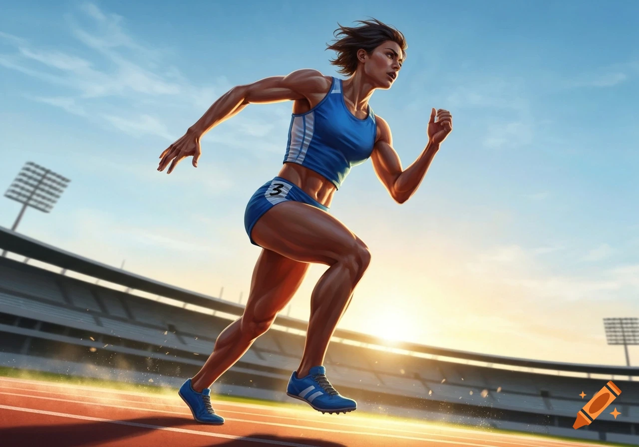 Muscular female athlete sprinting on a track in a stadium at sunset, dynamic illustration.