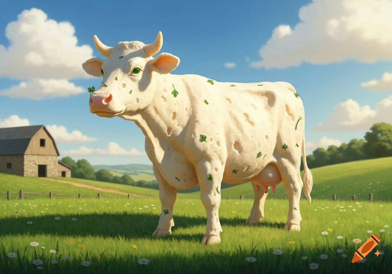 A cow made of light-colored cheese with green herb specks and holes stands in a grassy field with a barn under a blue sky.