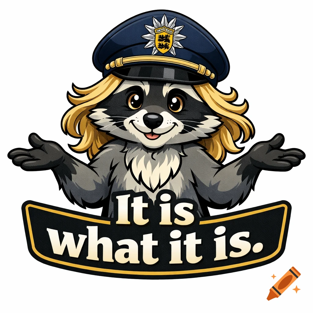 A cartoon raccoon with blonde hair and a police hat, shrugging with open hands above a banner that reads "It is what it is."