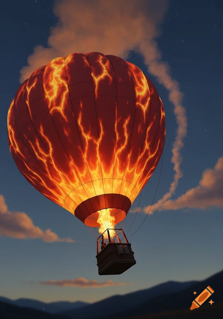 A hot air balloon with a glowing lava-like pattern ascends against a twilight sky, spewing fire from its burner.