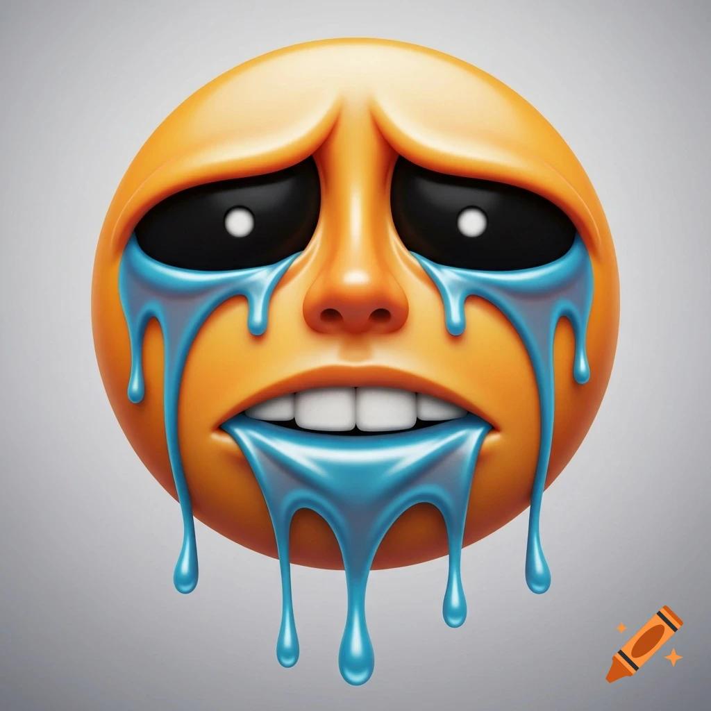 3D rendering of a large, distressed orange emoji face with black eyes, white pupils, blue tears, and blue drool dripping from its mouth on a gray background.