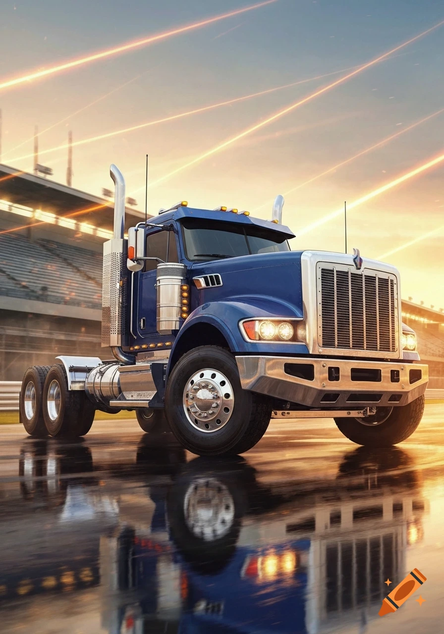 A blue heavy-duty semi-truck on a wet racetrack, with stadium seating in the background and light streaks across the sky.