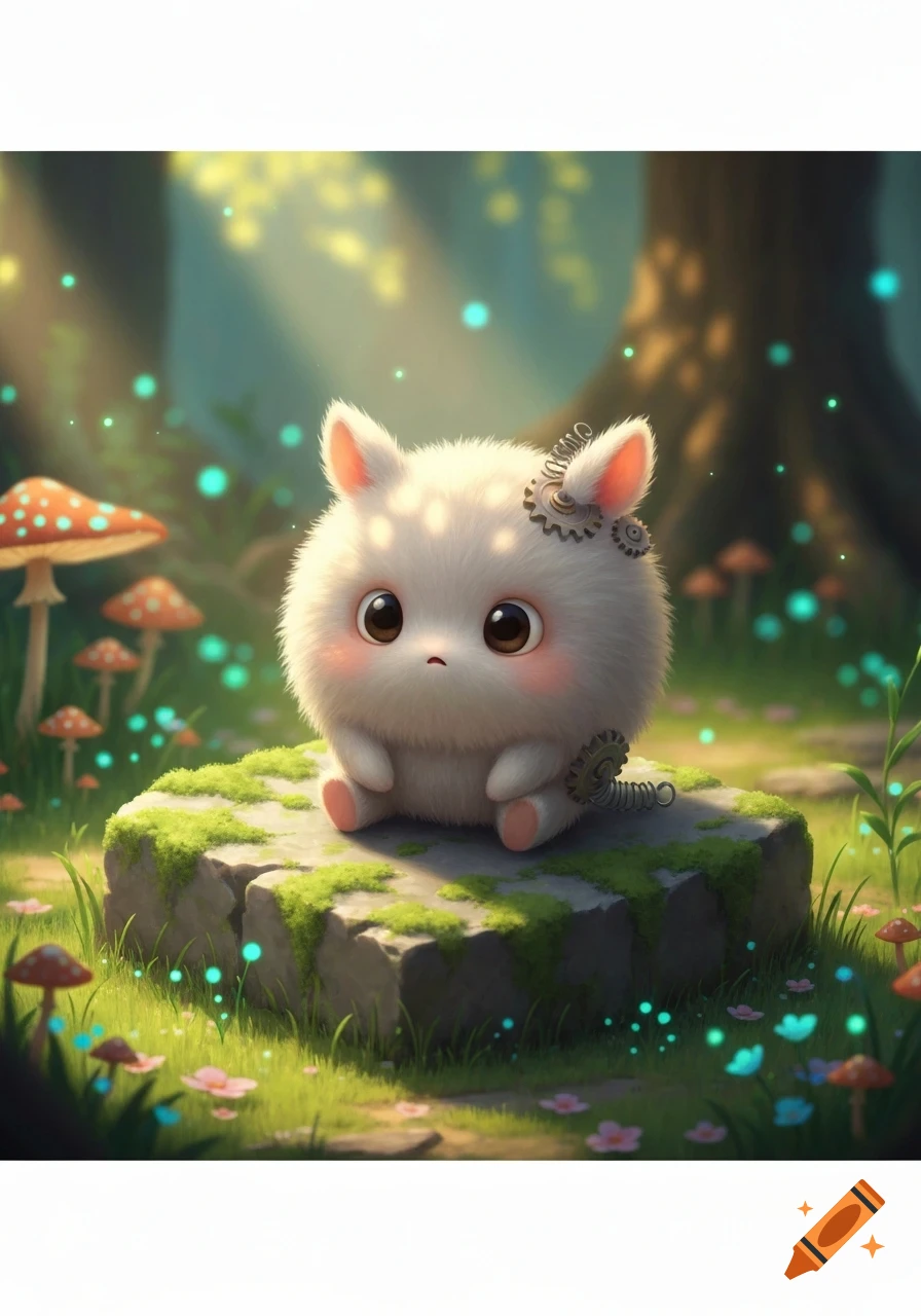 A fluffy white creature with big eyes and gears on its head and side sits on a mossy rock in a magical forest with glowing orbs and mushrooms.