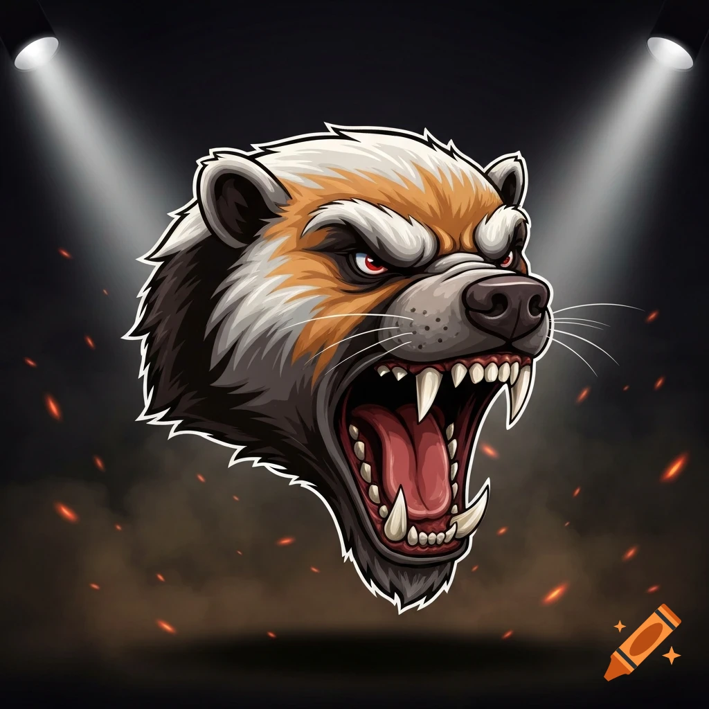 An aggressive honey badger mascot illustration, snarling with sharp teeth and red eyes, under two spotlights with fiery embers and smoke in the background.