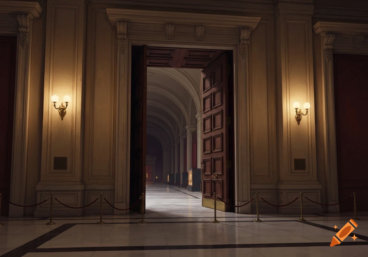 Photorealistic grand gallery entrance with open wooden doors, ornate wall sconces, and velvet ropes leading into a long arched hallway.