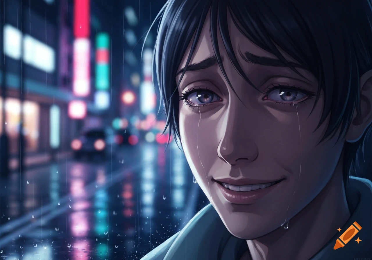 Anime close-up of a person with short dark hair, crying and smiling in the rain at night with blurry city lights.