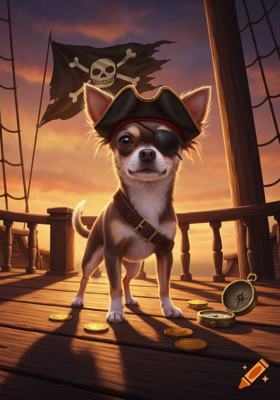 A chihuahua pirate dog with an eye patch and hat stands on a ship deck with gold coins and a pirate flag under a sunset sky.