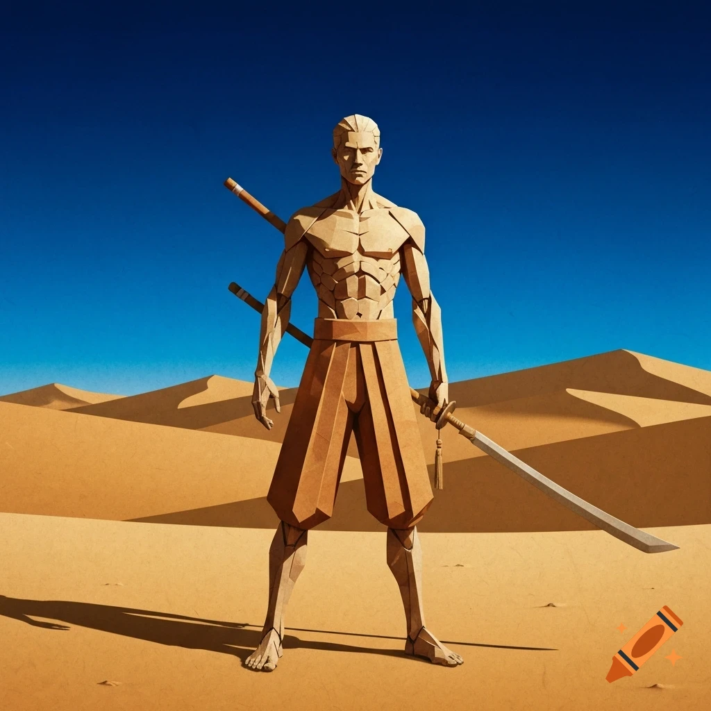 A stylized paper-craft warrior with a muscular, angular physique stands bare-chested in a vast desert, holding a katana.