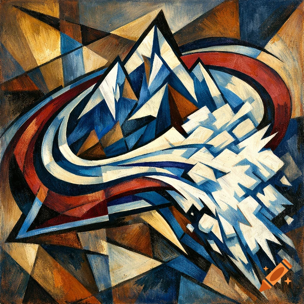 Cubist painting of the Colorado Avalanche logo, featuring jagged white mountains, red and blue streaks, and brown geometric patterns.