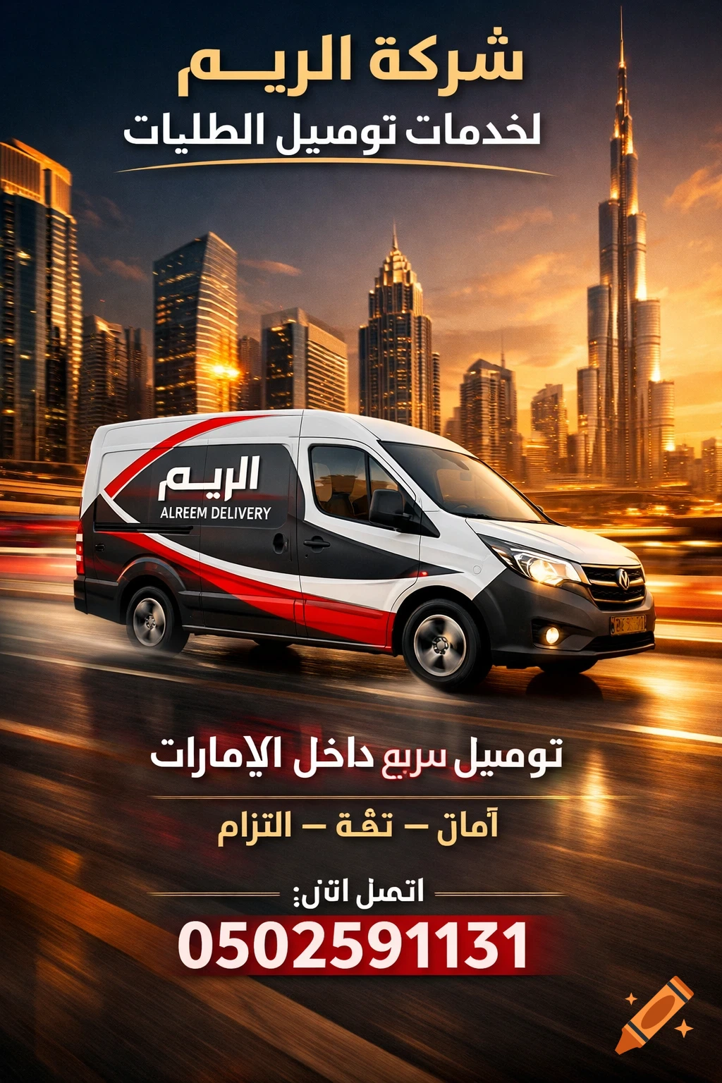 A modern white, red, and black Alreem Delivery van speeds through a UAE city street at sunset, featuring Arabic text and a phone number.