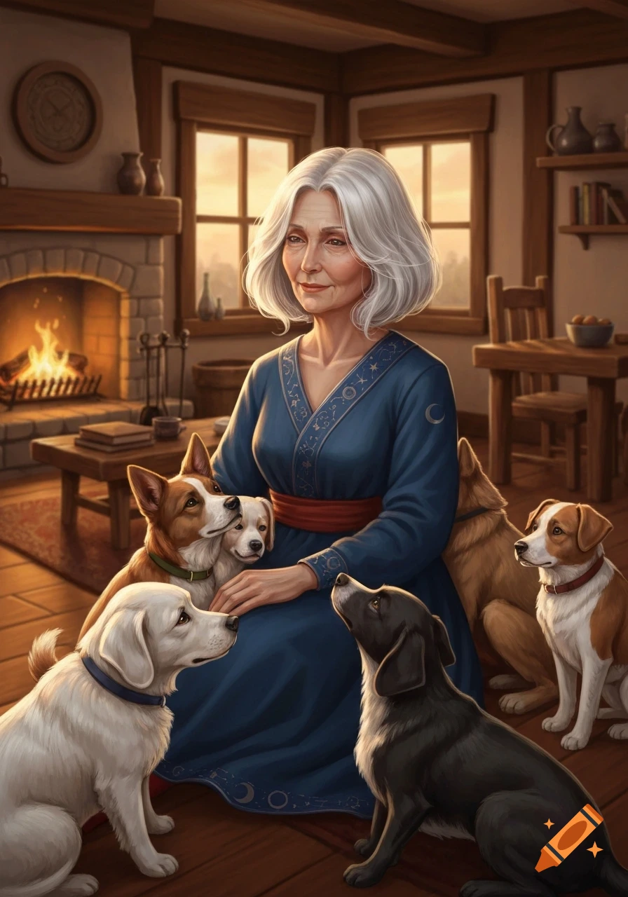 Elderly woman with white hair sits by a fireplace, surrounded by five dogs in a cozy home, digital art.
