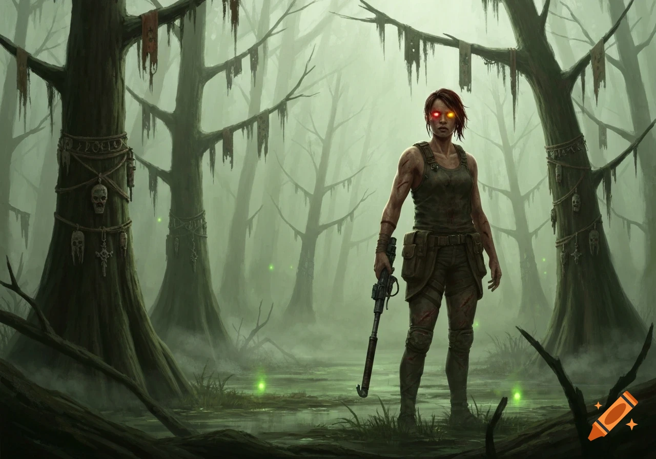 Dark fantasy art of a scarred female survivor with glowing eyes holding a weapon in an eerie, foggy swamp with skull-adorned trees.