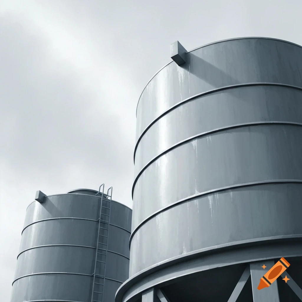 Two large grey industrial storage tanks with a cloudy sky backdrop, one featuring a side ladder.