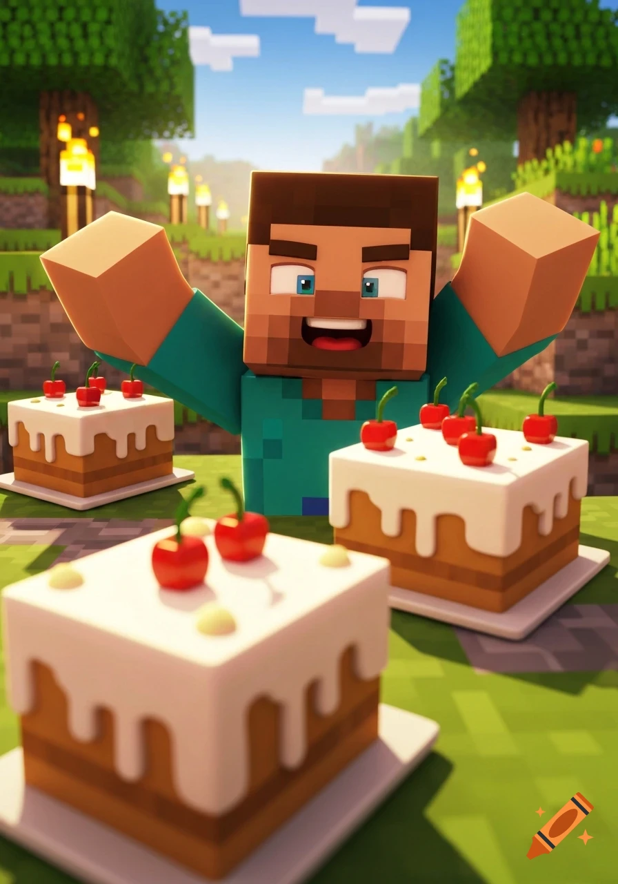 A happy Minecraft Steve character with arms raised, surrounded by blocky cakes topped with cherries, in a blocky outdoor world.