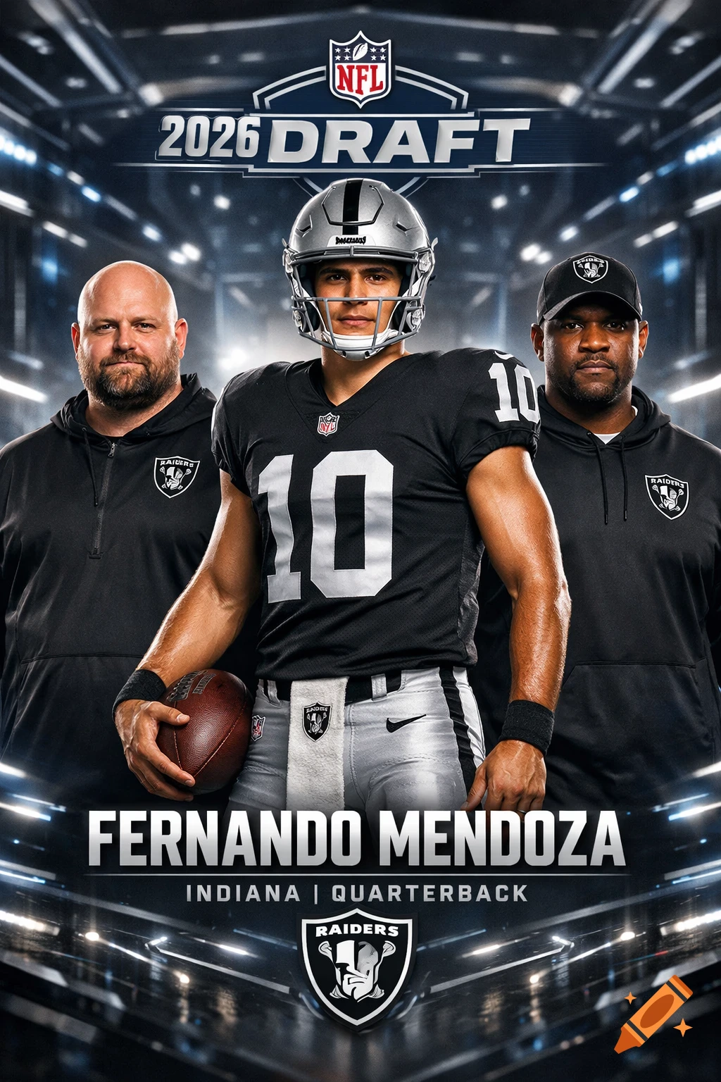 An NFL Draft graphic for 2026 shows quarterback Fernando Mendoza in a Raiders uniform, flanked by two coaches in Raiders gear, against a dark stadium background.