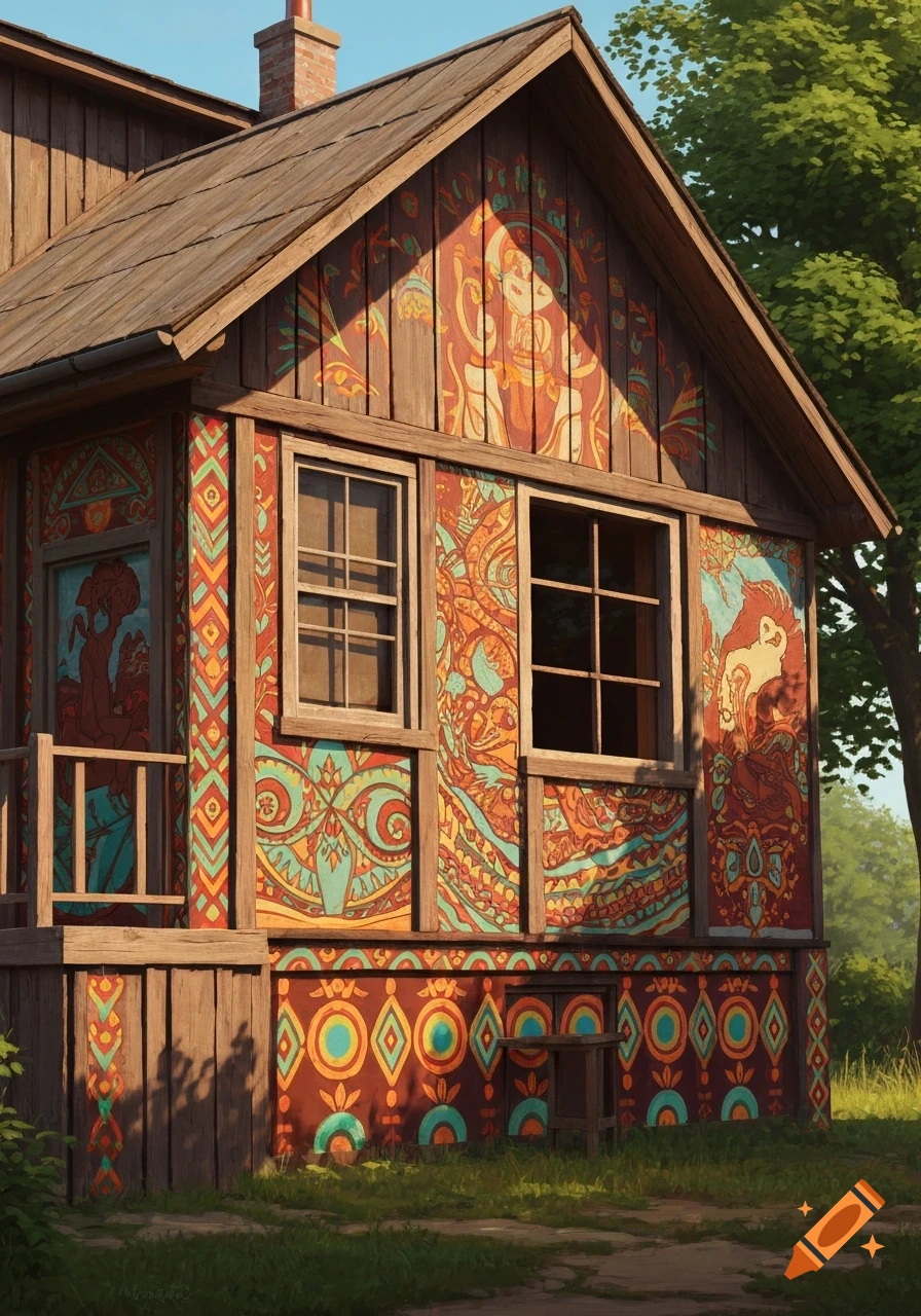 A wooden house adorned with colorful, intricate folk art patterns and stylized figures, bathed in sunlight.