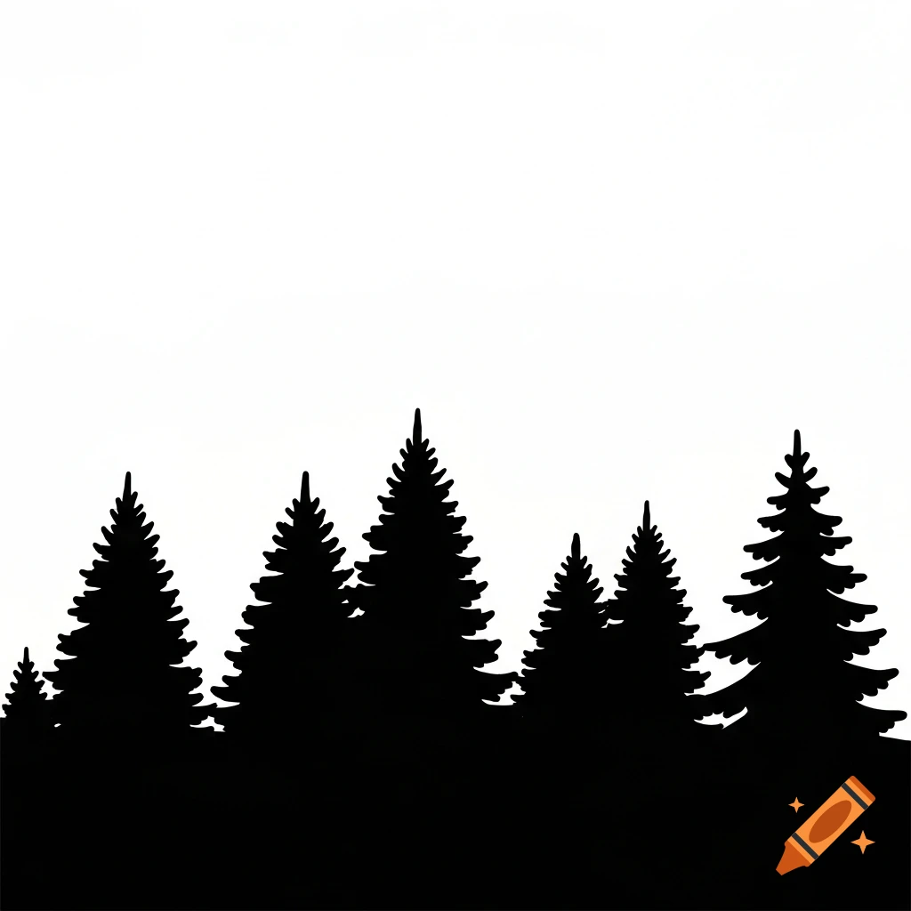 Black silhouettes of pine trees forming a forest line against a white background in a minimalist drawing style.