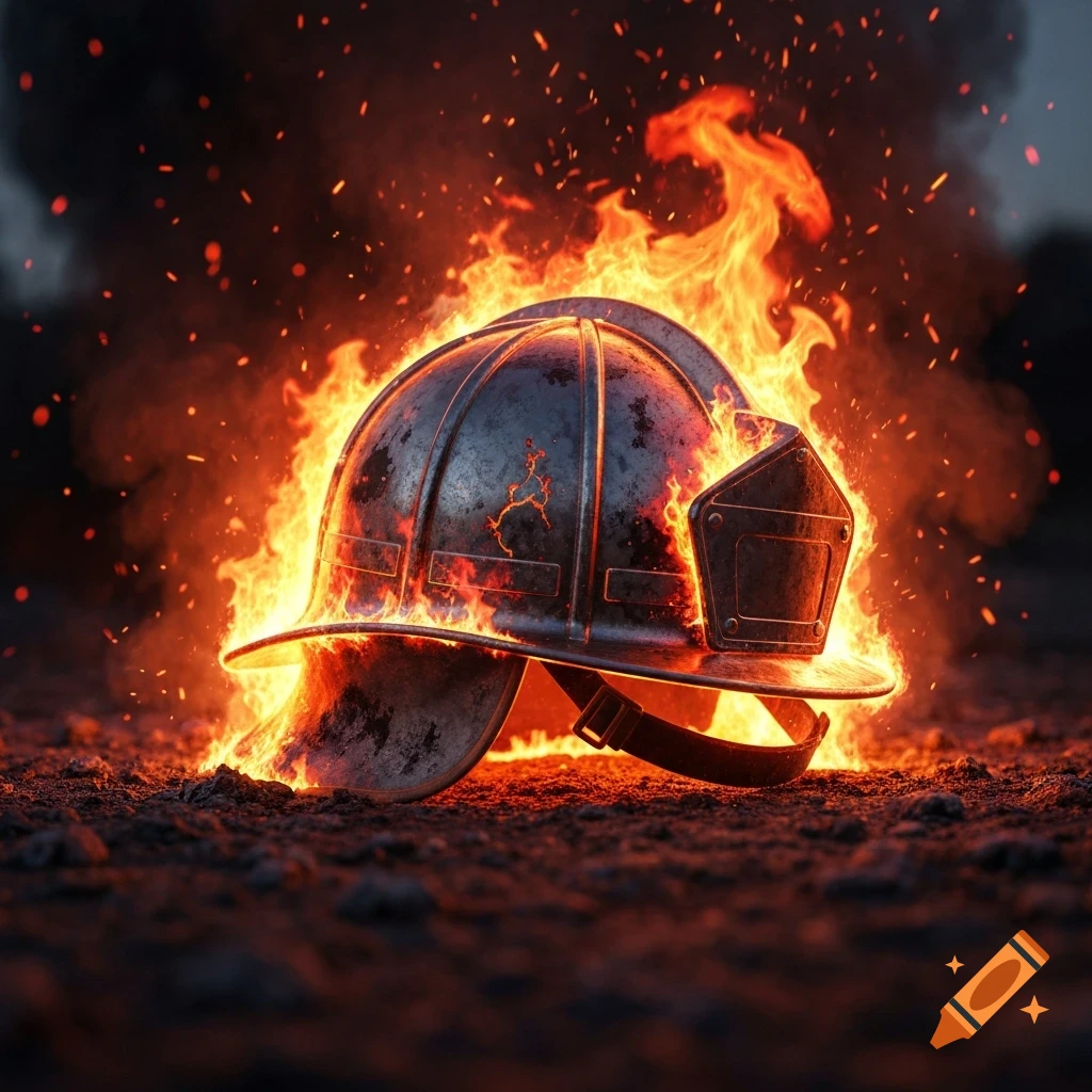 A metal firefighter's helmet engulfed in bright orange flames and sparks, resting on dark, cracked ground.