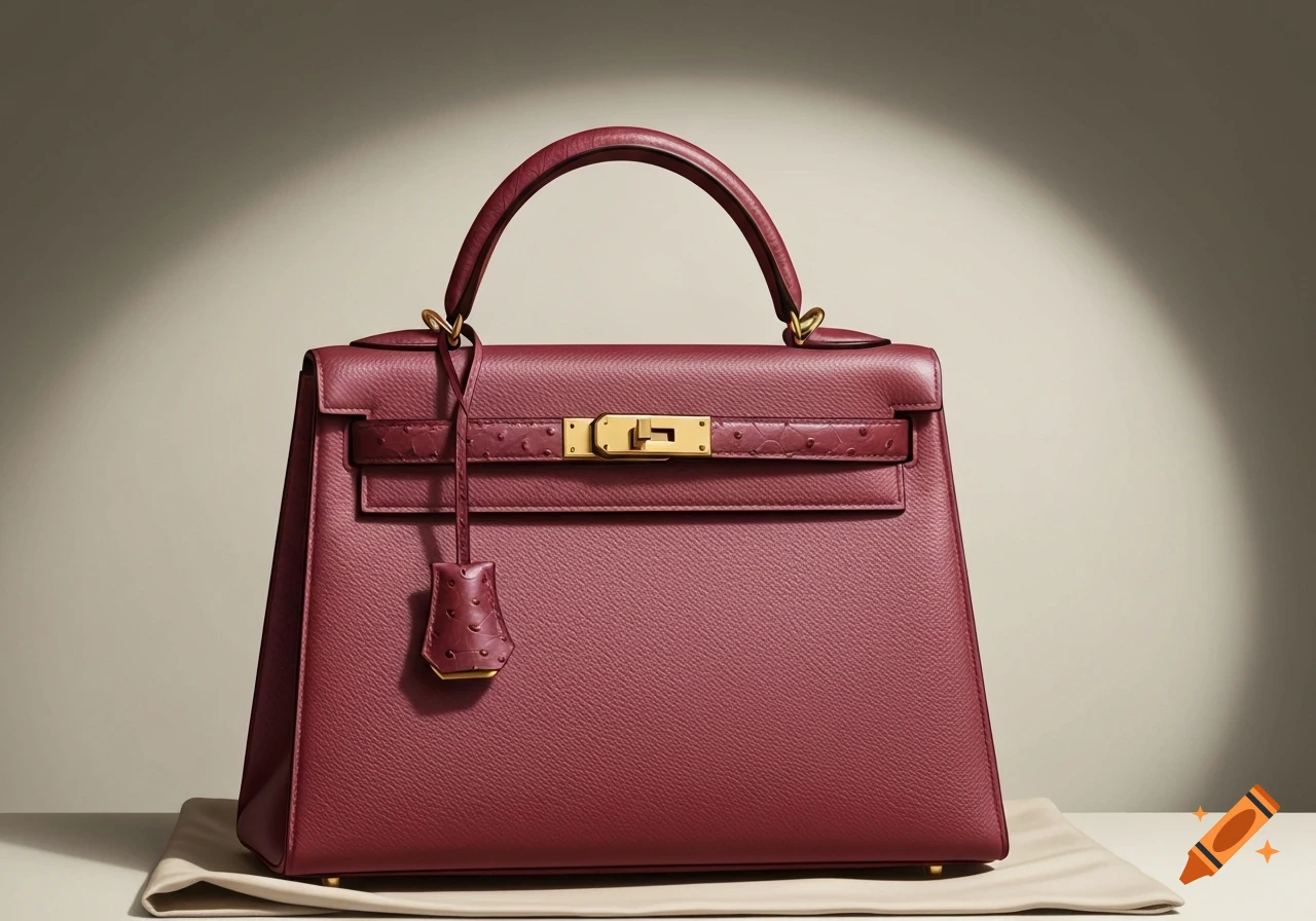 A framboise Hermes Kelly Sellier handbag with gold hardware and ostrich leather details, placed on a light cloth.