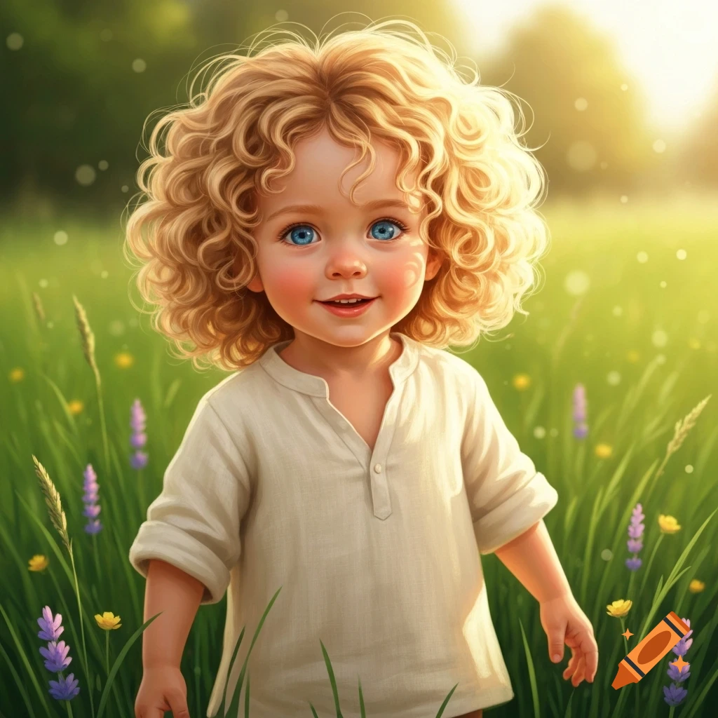 A smiling toddler with curly blonde hair and blue eyes stands in a sunny green field with wildflowers.
