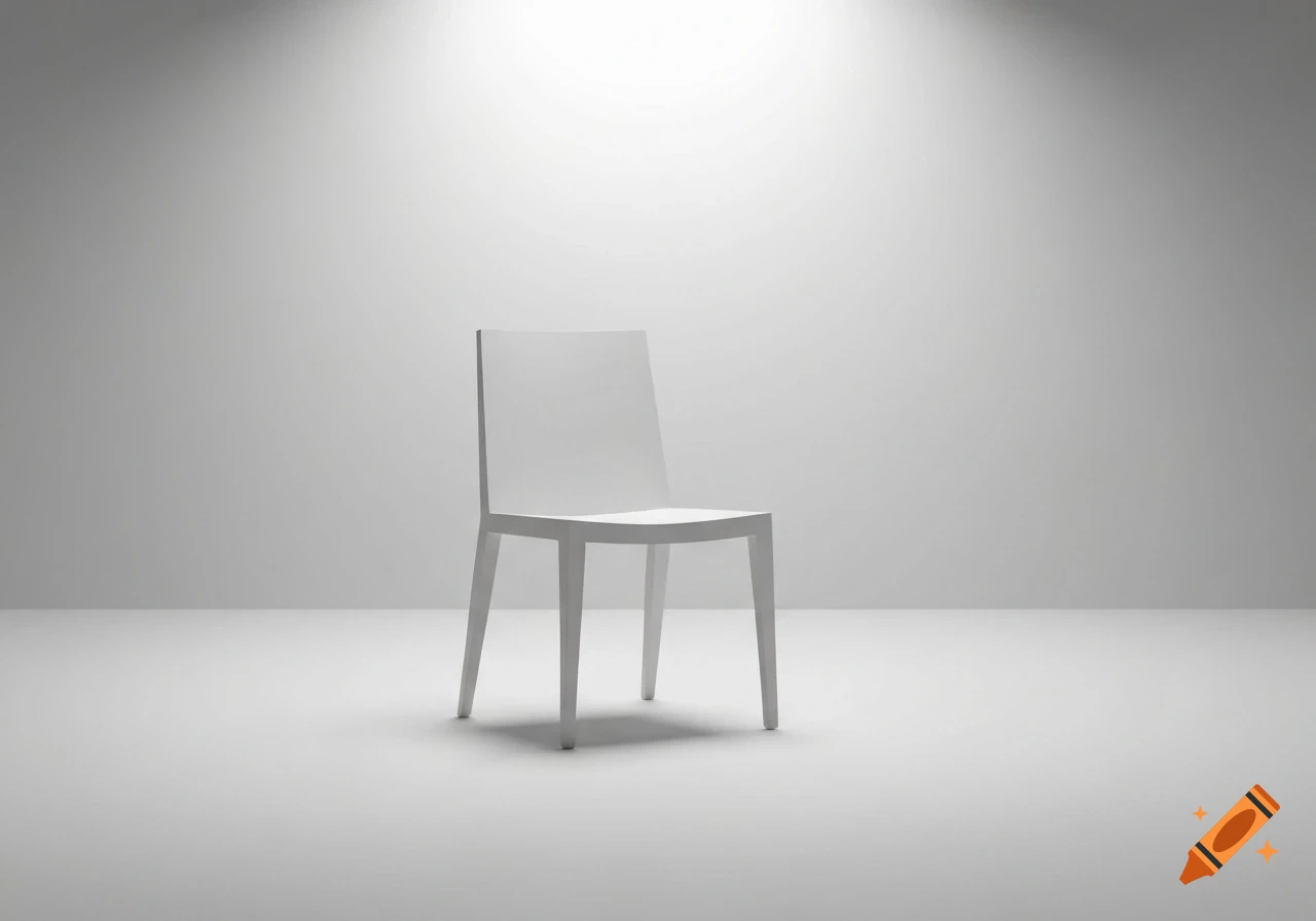 A simple white chair sits alone in a brightly lit white room, rendered in a clean, photorealistic style.