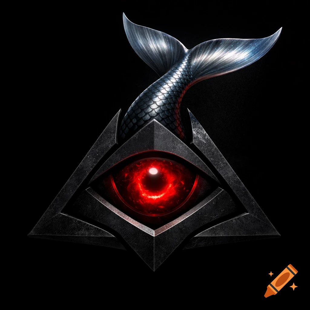 A dark, metallic triangular symbol with a glowing red eye and a shimmering silver fish tail.