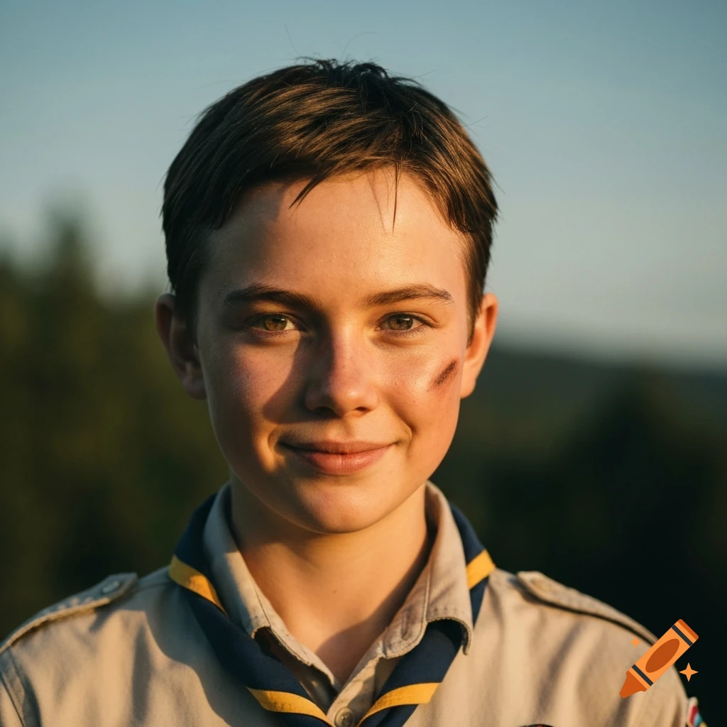 Close-up outdoor portrait of a smiling young scout with a smudge on their cheek, wearing a uniform.