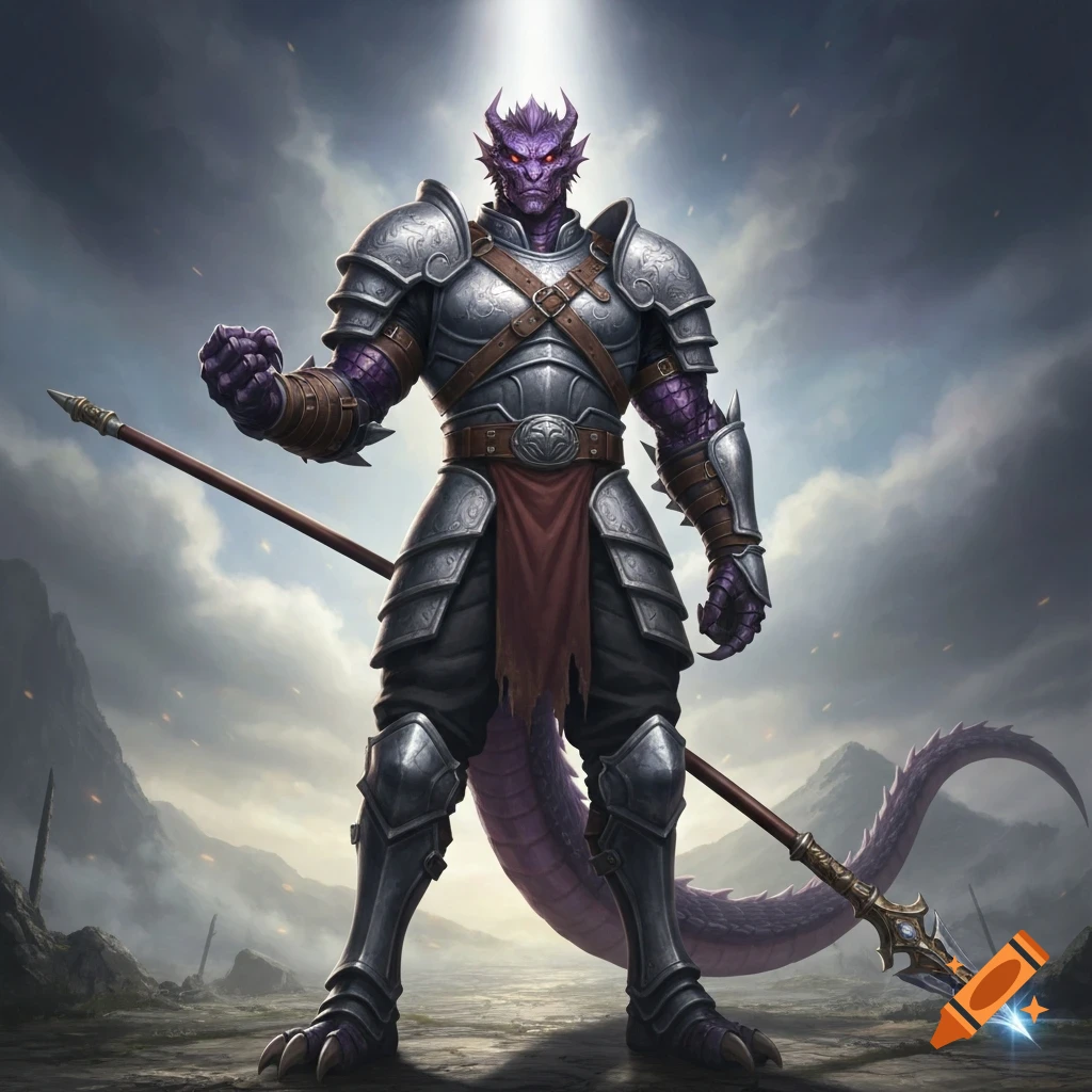 A muscular purple dragonborn in detailed silver armor stands on a rocky plain, holding a glowing spear under a dramatic sky.