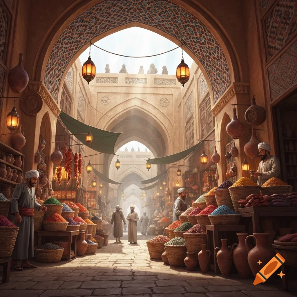 A bustling Middle Eastern market scene with vendors, colorful spices in baskets, and hanging lanterns under ornate arches.