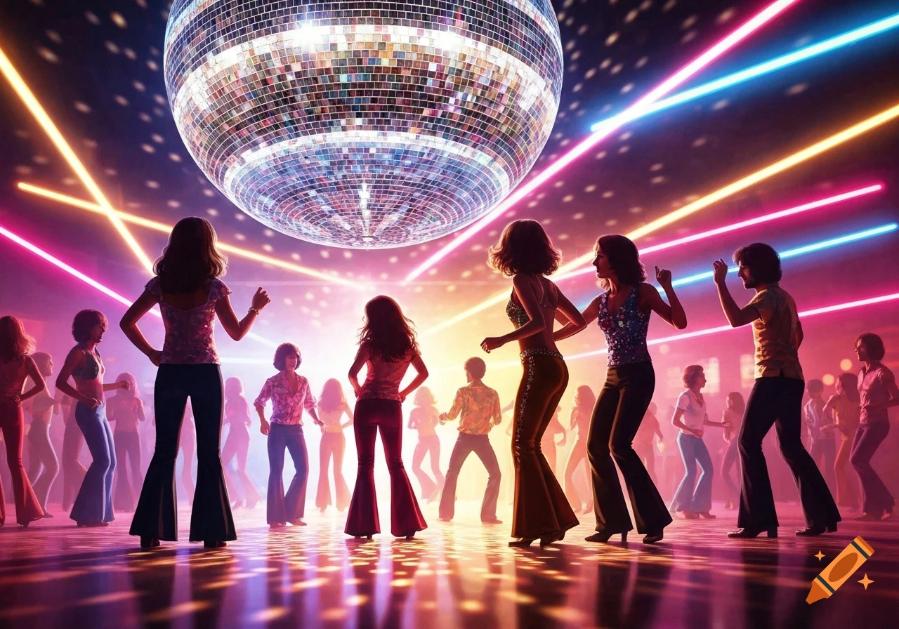 People dancing at a vibrant disco with a large disco ball and colorful laser lights.