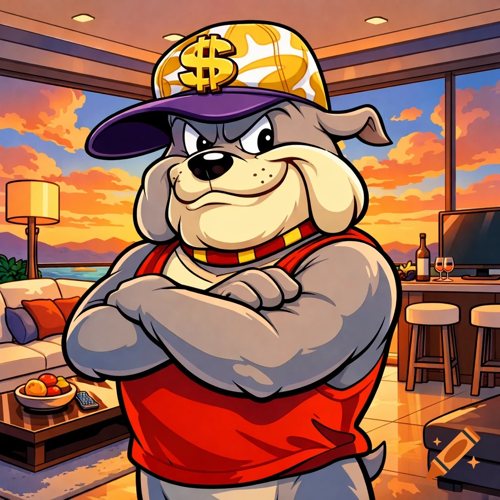 A proud cartoon bulldog in a red tank top and dollar sign cap, arms crossed, standing in a luxury living room with a sunset view.