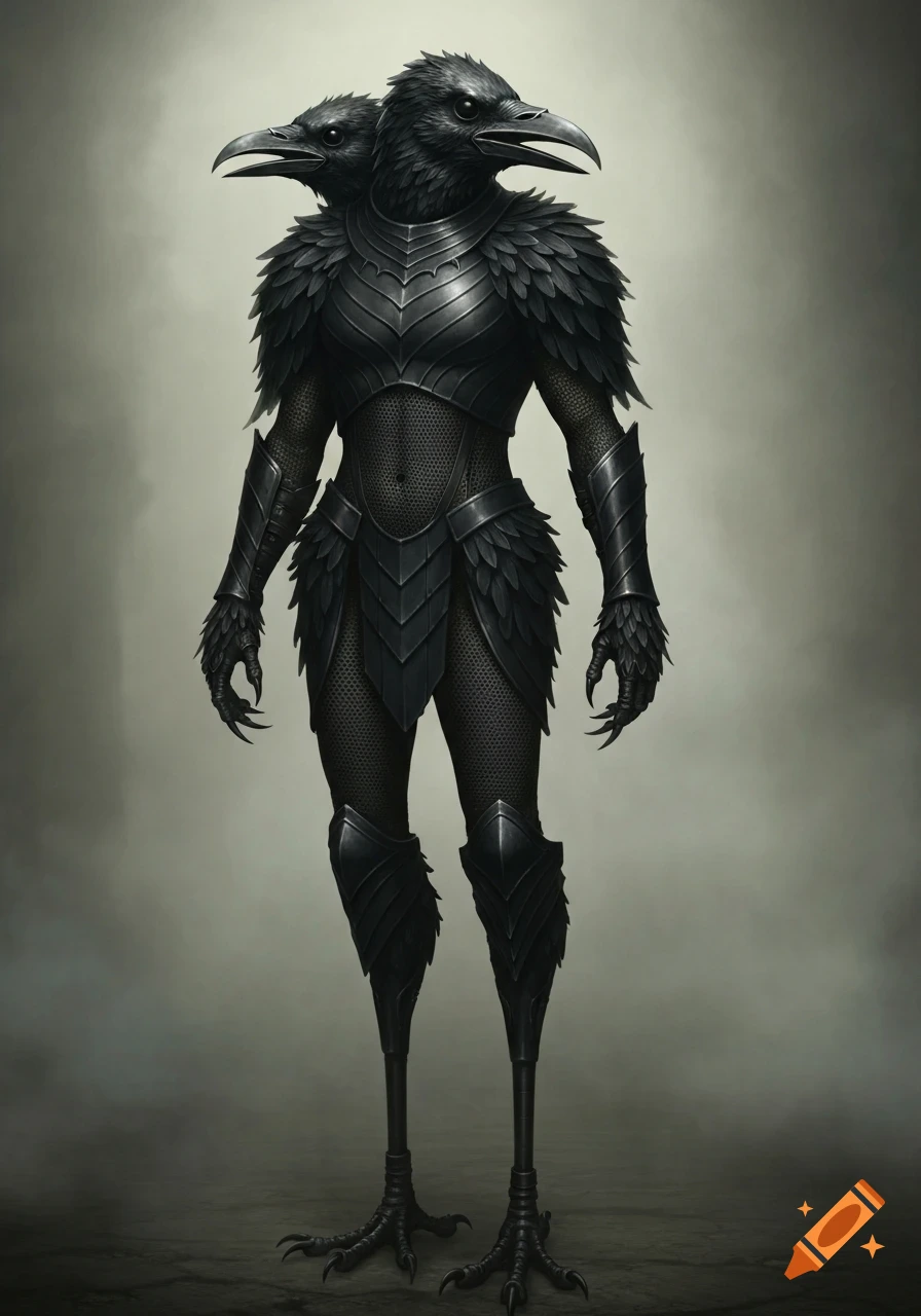 A dark fantasy armored soldier with two crow heads, taloned hands, and stilt-like crow legs stands in a shadowy environment.
