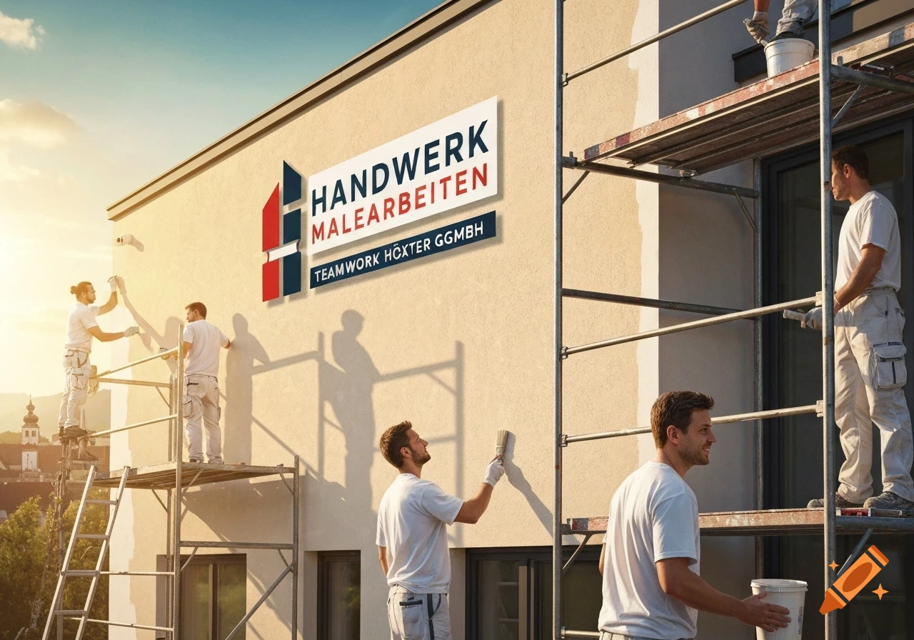 Photorealistic image of construction workers painting the exterior of a building from scaffolding under a clear sky.