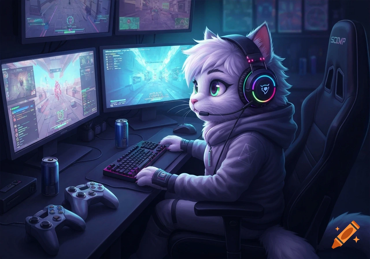 A cartoon white cat-like character with green eyes and colorful headphones plays video games at a multiple-monitor setup.
