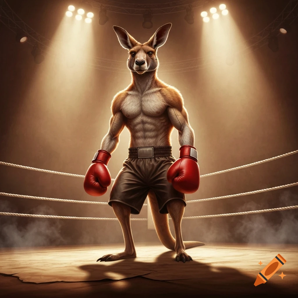 A muscular anthropomorphic kangaroo in red boxing gloves and shorts stands in a spotlighted boxing ring.