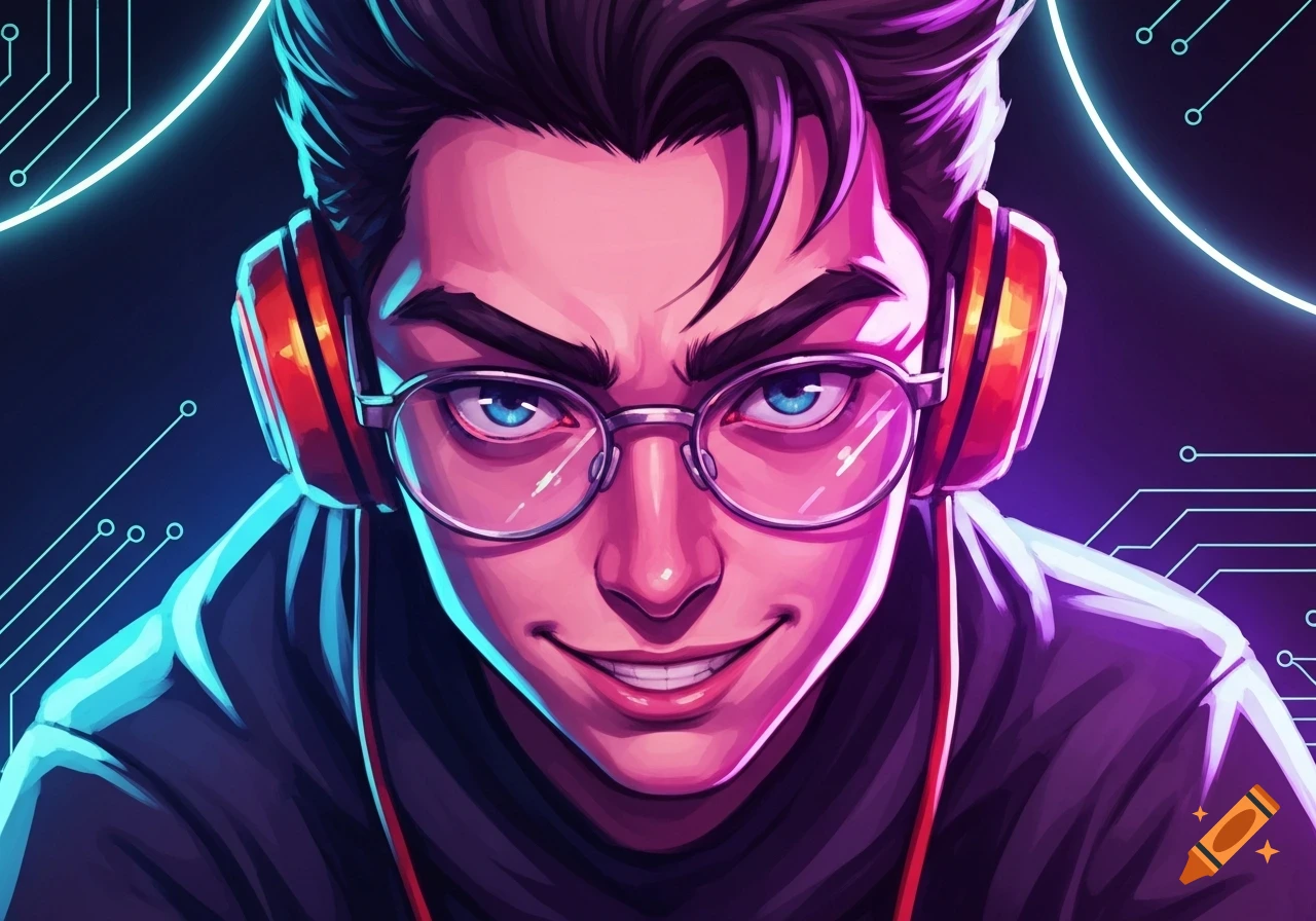 Close-up of a stylized young man with purple hair, glasses, and red headphones, smiling against a dark background with blue neon circuit lines.