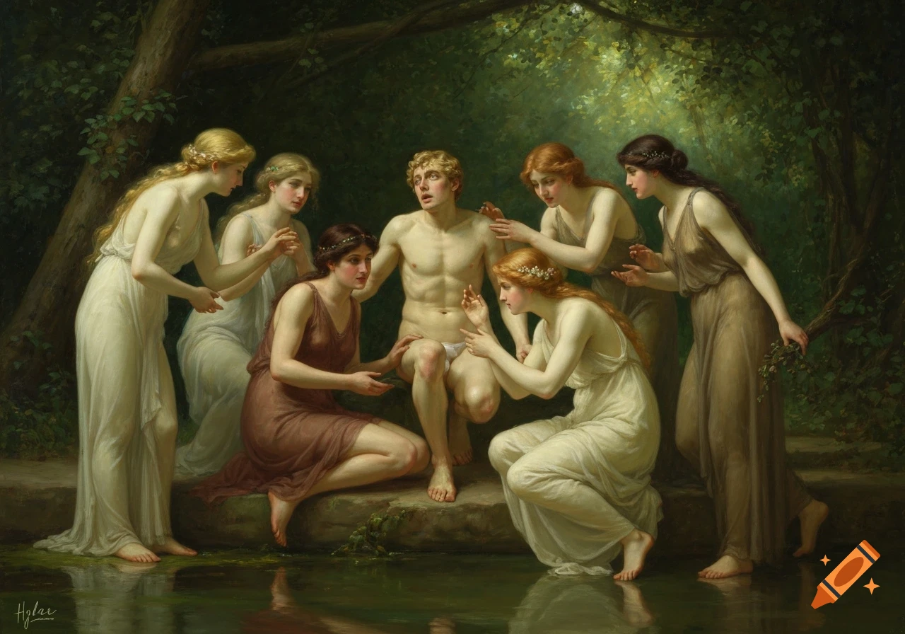 Classical oil painting showing Hylas by water, surrounded by six nymphs in flowing gowns, in a lush forest setting.