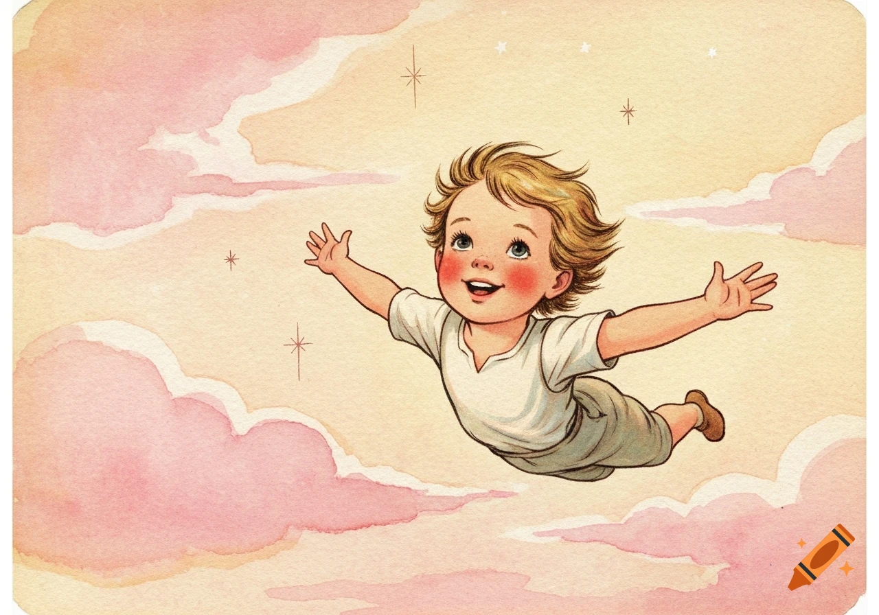 Vintage illustration of a smiling child with blonde hair flying joyfully through a light pink and yellow sky with clouds and stars.