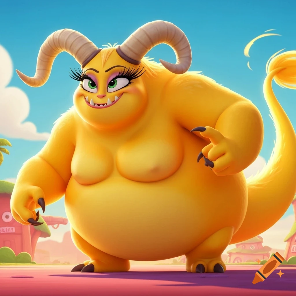 A gigantic, plump, yellow cartoon monster with large beige horns, sharp teeth, and long black eyelashes stands smiling in a vibrant, stylized landscape.