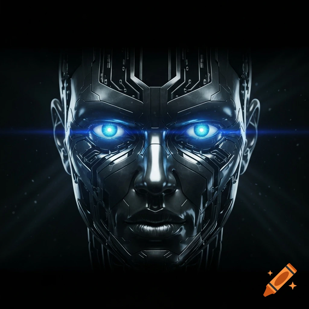 Close-up of a futuristic robot face made of dark metal with glowing neon blue eyes, against a shadowy background.