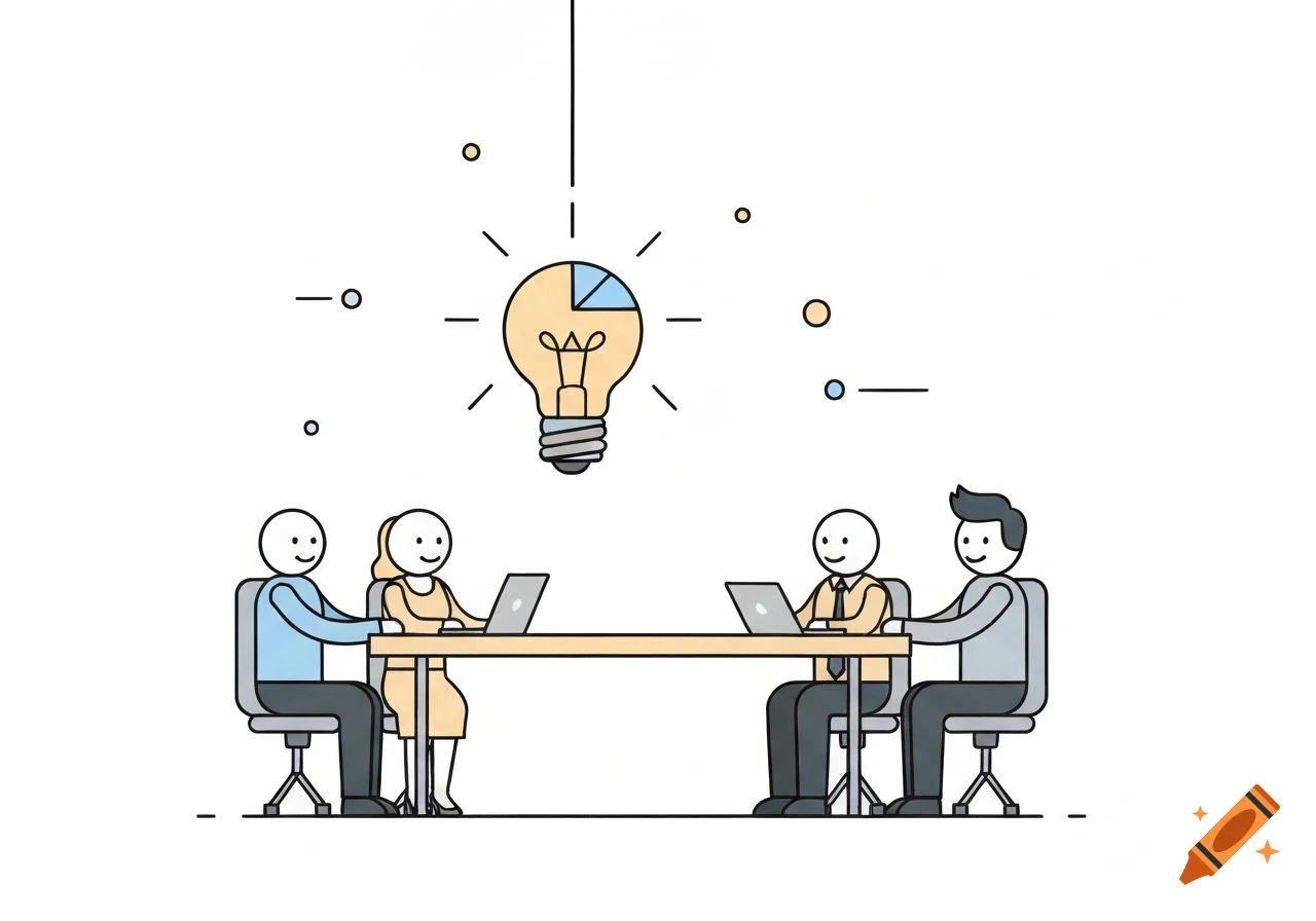 Minimalist cartoon illustration of four people working at a table with laptops, a lightbulb above them symbolizing ideas.