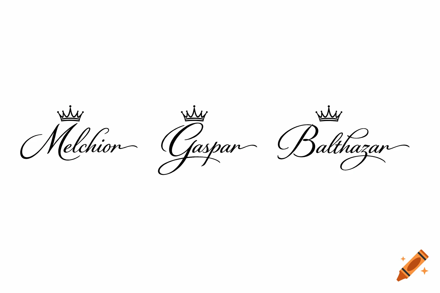 Black and white calligraphic signatures 'Melchior', 'Gaspar', 'Balthazar', each with a crown above, on a white background.
