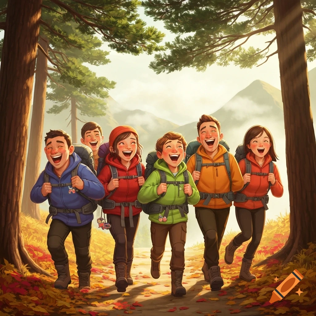 A joyful group of cartoon hikers, including children and adults, walk and laugh on a forest path filled with autumn leaves.