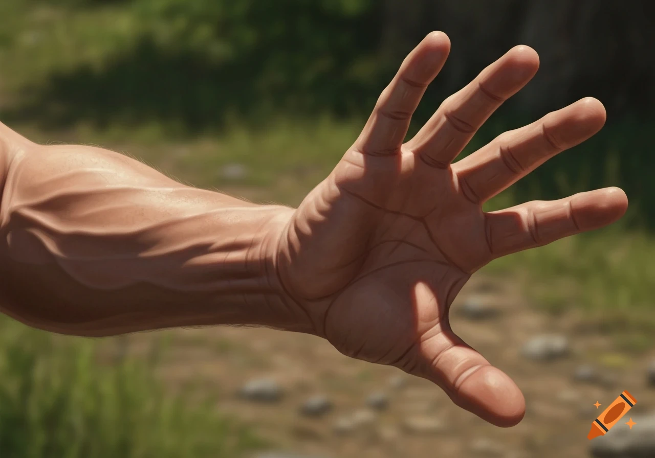 A close-up, photorealistic image of a muscular human arm and hand, with prominent veins, against a blurred green background.