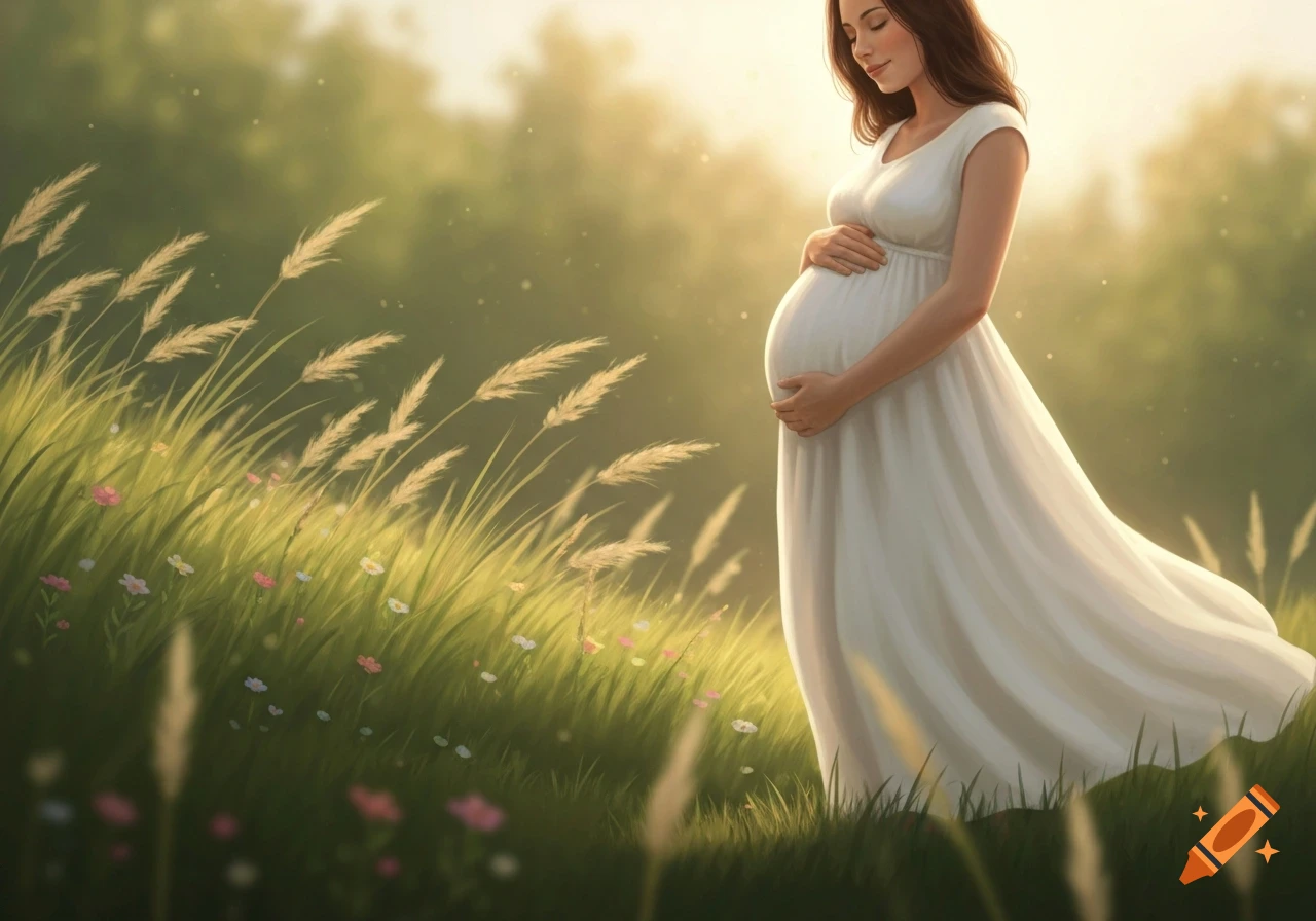 A pregnant woman in a white dress stands in a sunny field of tall grass and wildflowers, gently holding her belly.