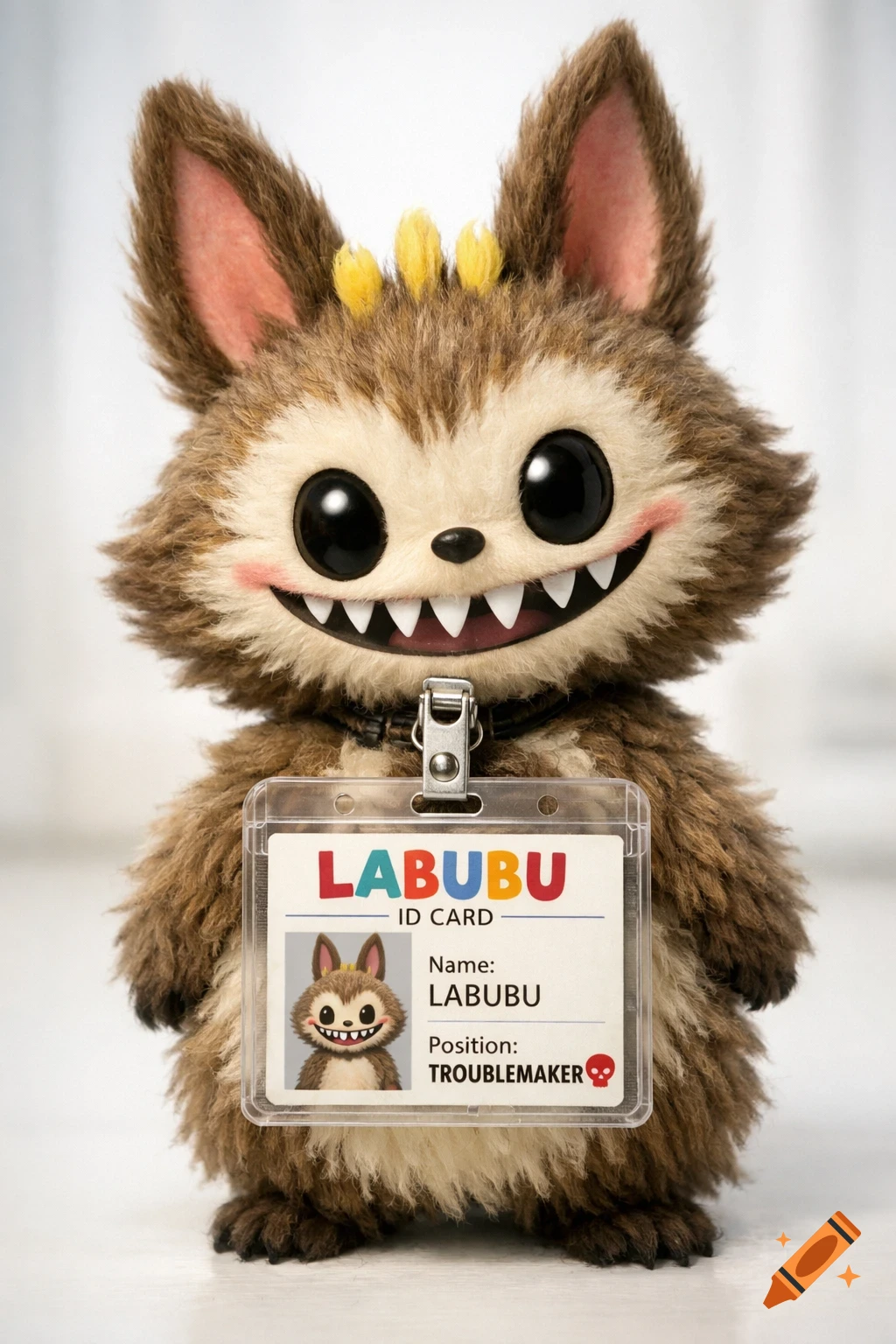 Photorealistic plushie monster named Labubu with big eyes, pointy teeth, and an ID badge reading 'Troublemaker'.