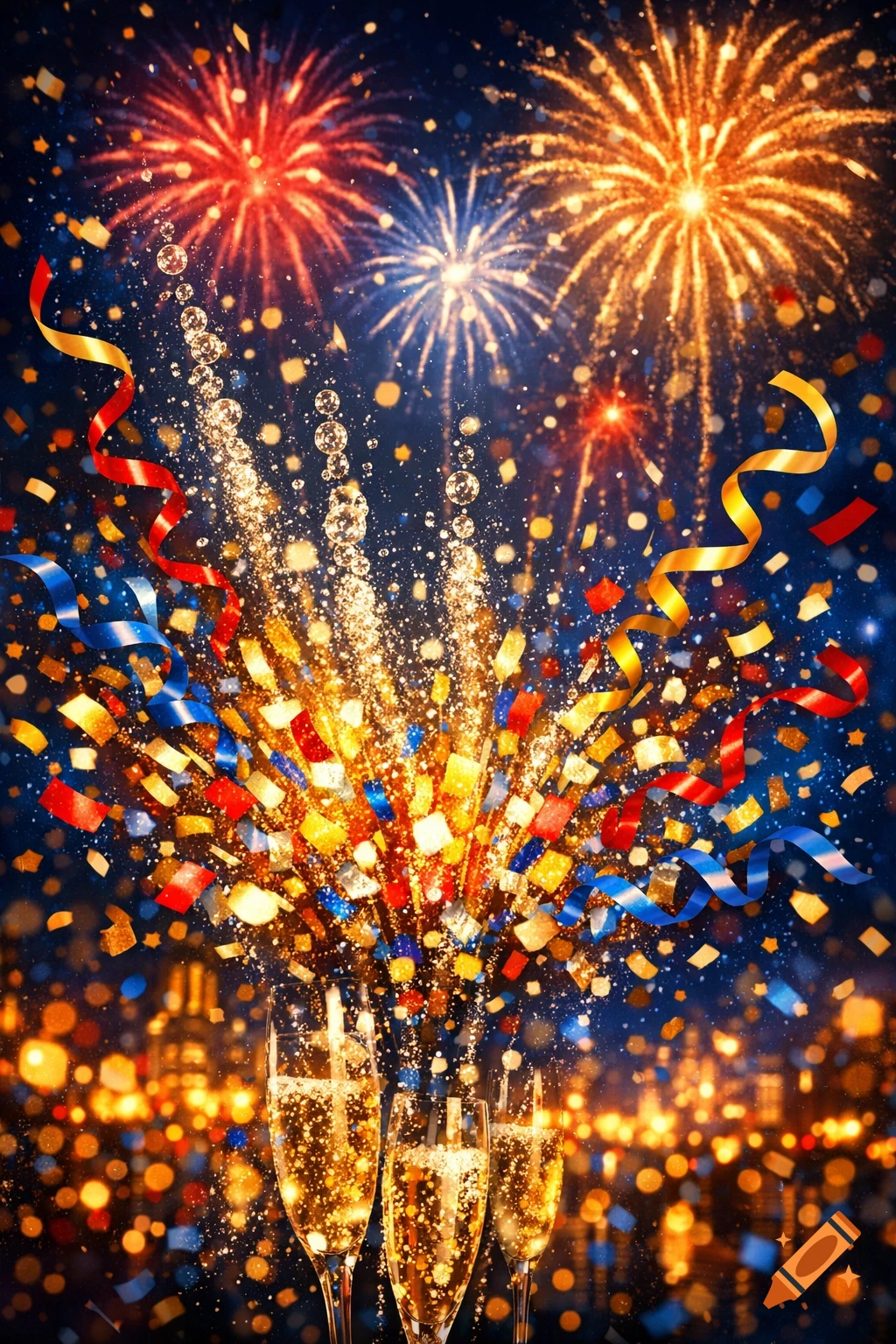 Three champagne glasses toast below a vibrant display of fireworks, golden confetti, and colorful ribbons over a city skyline.