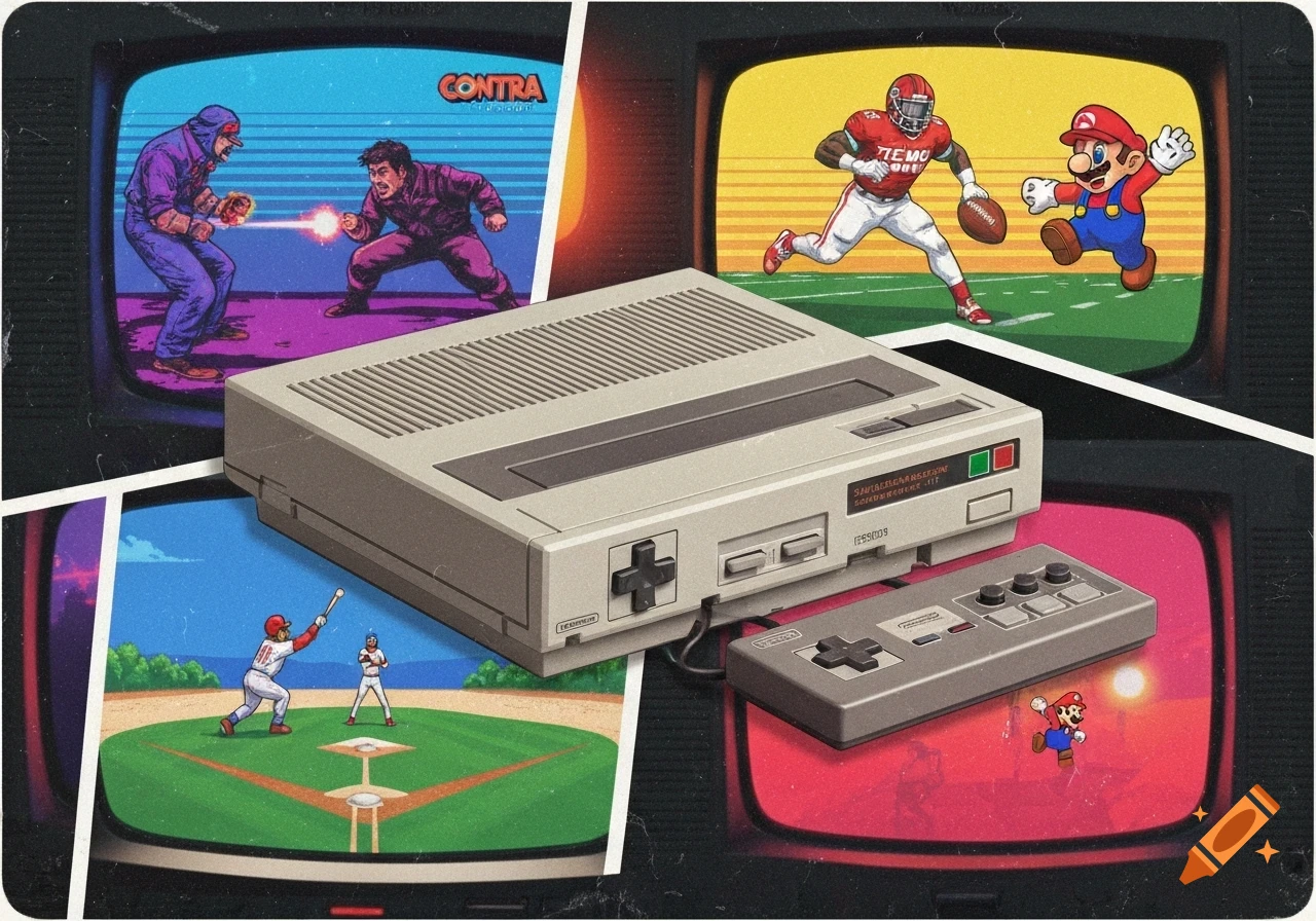 An artistic collage featuring a beige retro video game console and controller, surrounded by four screens displaying classic 8-bit game scenes from Contra, Tecmo Super Bowl, RBI Baseball, and Super Mario Bros 3.