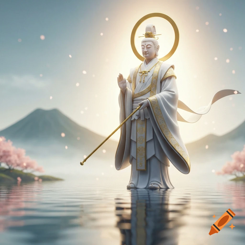 A serene white and gold deity figure with a halo stands in water, holding a staff amidst mountains and cherry blossoms in an ethereal digital art style.